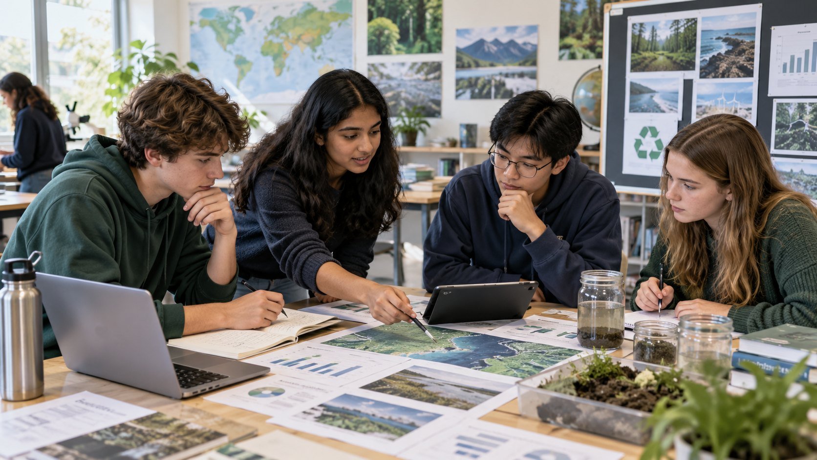 Illustrative group of young people examining environmental maps and evidence