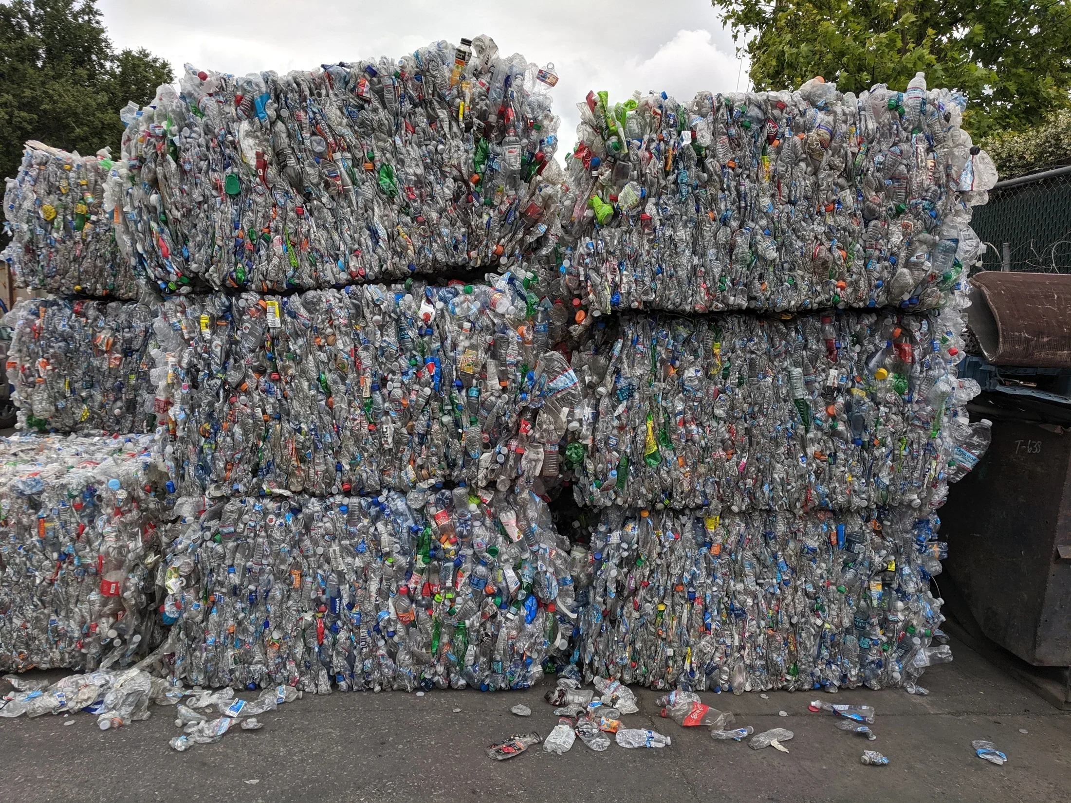 Bales of crushed PET drink bottles at a recycling facility in San Jose, California, 26 May 2019.