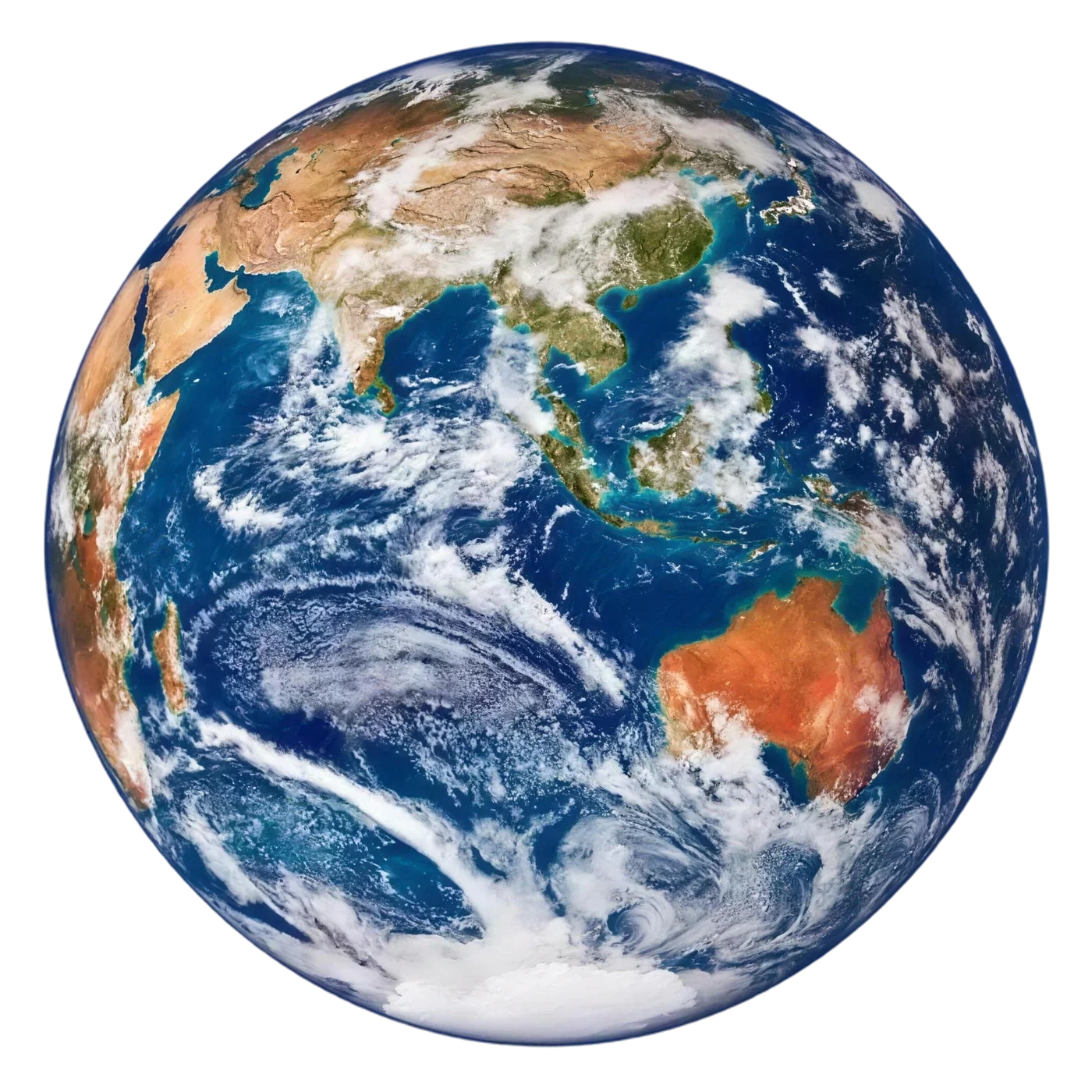 Planet Earth, showing the oceans, continents and cloud systems of the eastern hemisphere