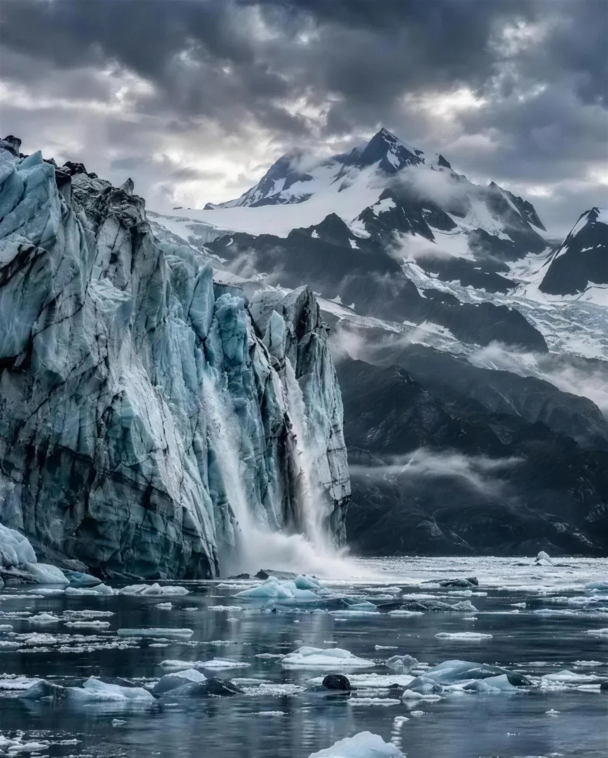 Ice falling from a glacier wall into water with floating ice, with mountains and clouds behind